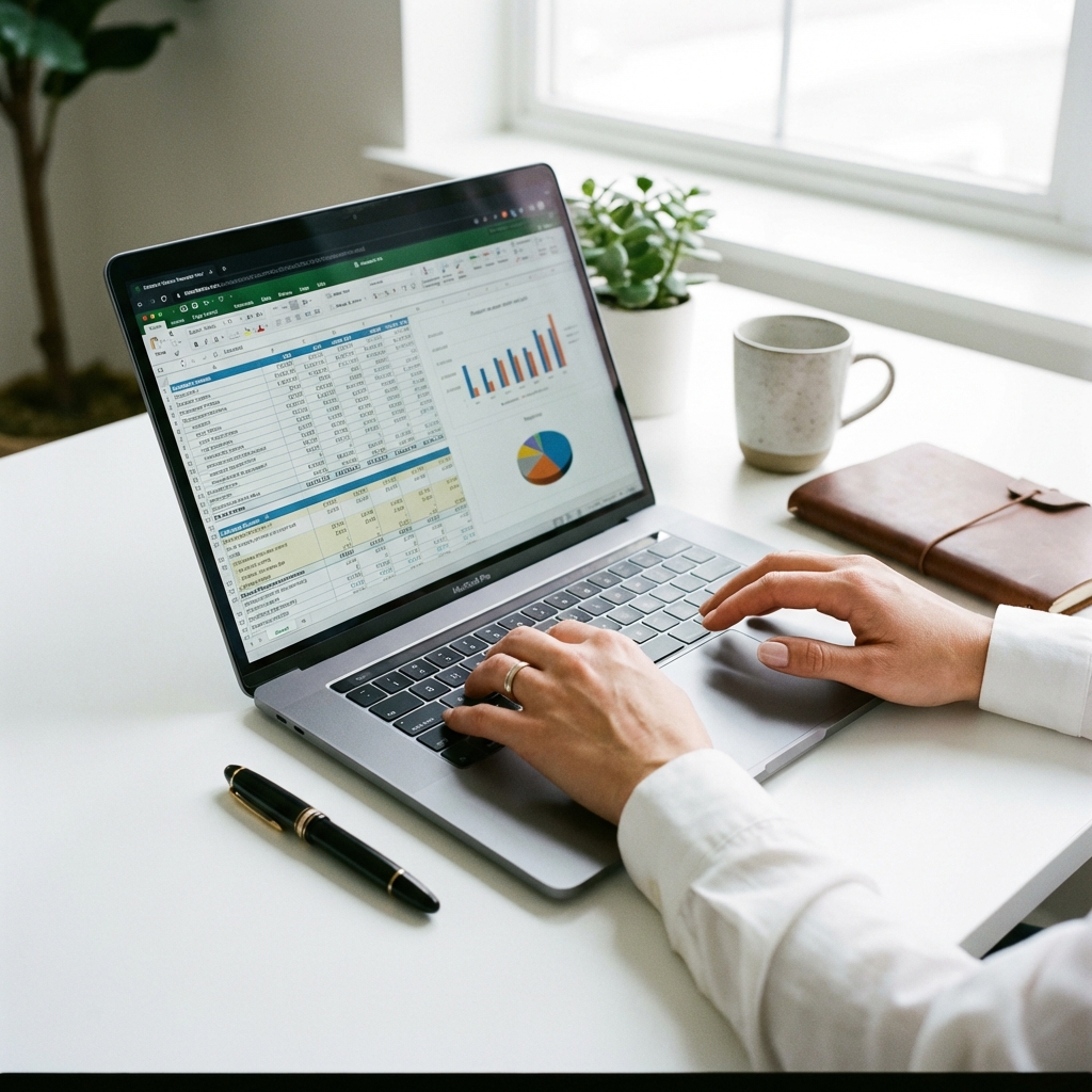 Arbetsplats med dator, anteckningar och kaffe – redovisning i vardagen